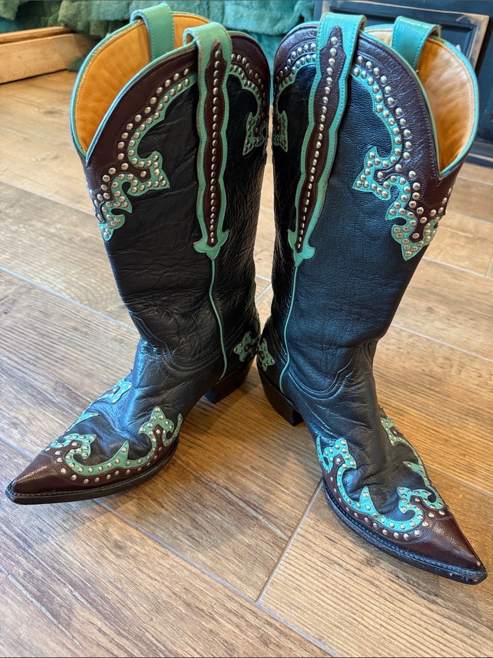 Old Gringo Black and Brown Leather Cowboy Boots with Teal Trim
